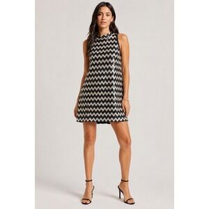 AQUA Women's Small Chevron Sequin Shift Dress Black Cream High Neck Mini‎ Dress